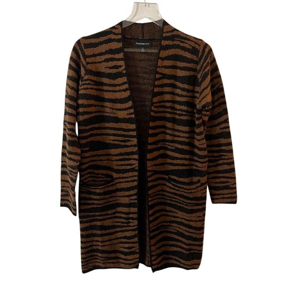 Fortune + Ivy Tiger Open Front Cardigan Small Brown Black‎ Sz S NWOT